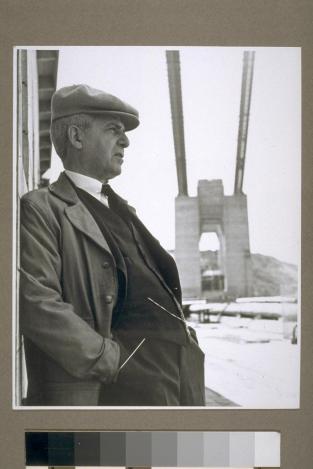 From UC Berkley's Bancroft Library. Joseph B. Strauss, bridge mastermind, admires his handiwork.